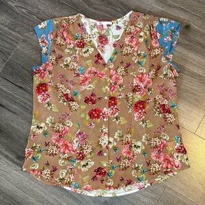 💜DR2 Floral Women's Top Multicolor tan blouse Casual Office Wear Versatile Chic